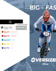 Biker in racing gear with 'BIG = FAST' text and 'Oversized' branding.